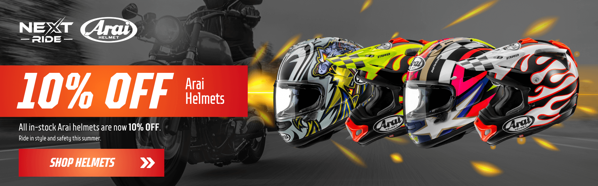 Four colorful Arai motorcycle helmets in motion with offer text “10% Off Arai Helmets”