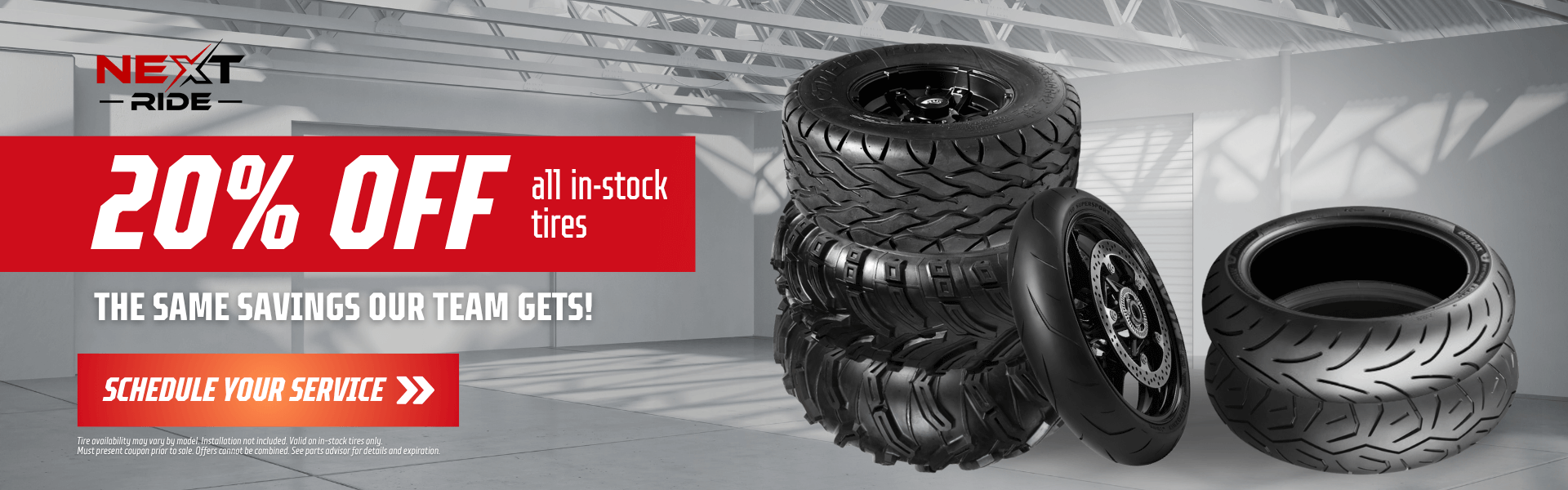 Stacked off-road and all-season tires in a modern garage with text “20% Off All In-Stock Tires”