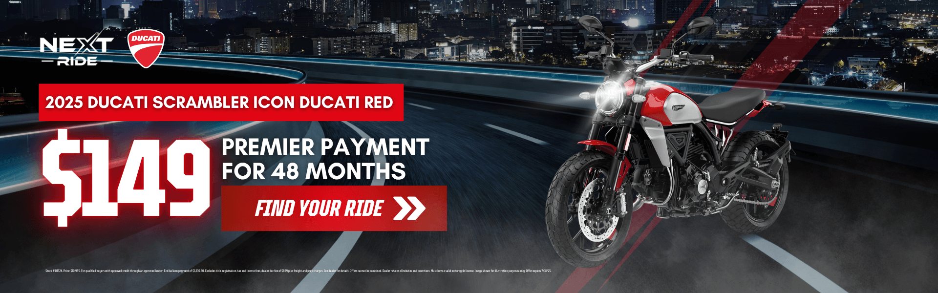 2025 Ducati Scrambler Icon in Ducati Red with city skyline in background and $149/month offer