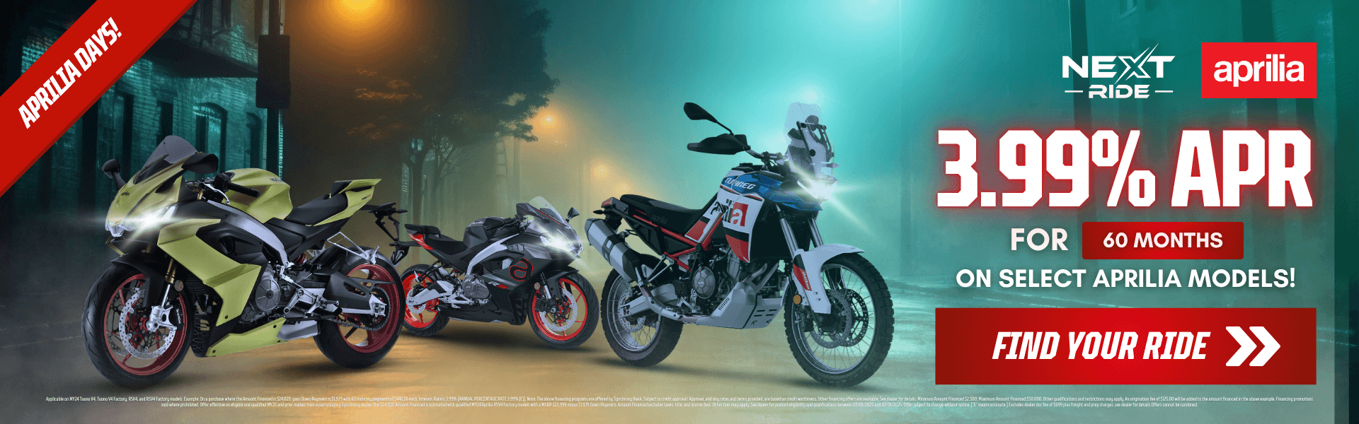 Aprilia motorcycles including Tuono V4 and RS 660 with 3.99% APR promo