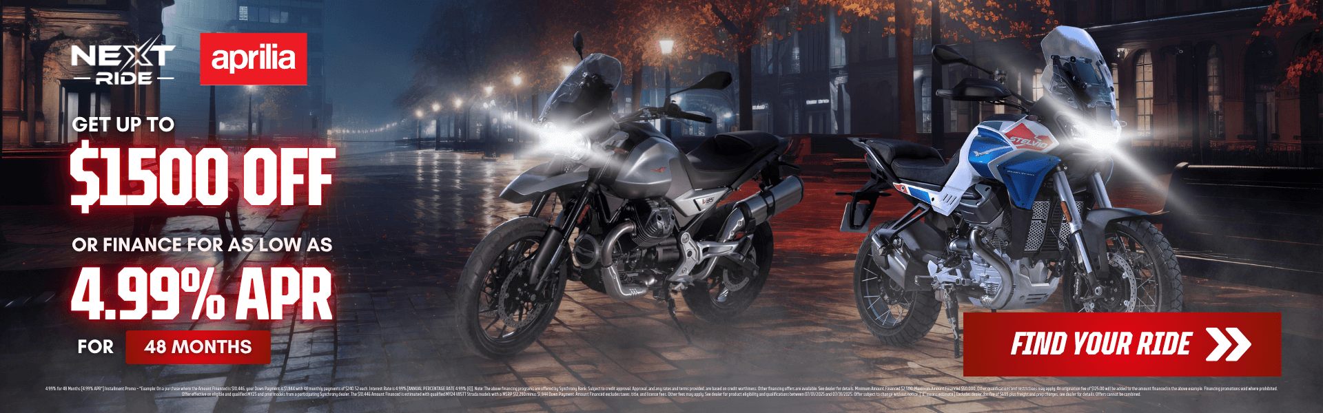 Moto Guzzi V85 TT and Stelvio motorcycles with $1500 rebate or 4.99% APR offer