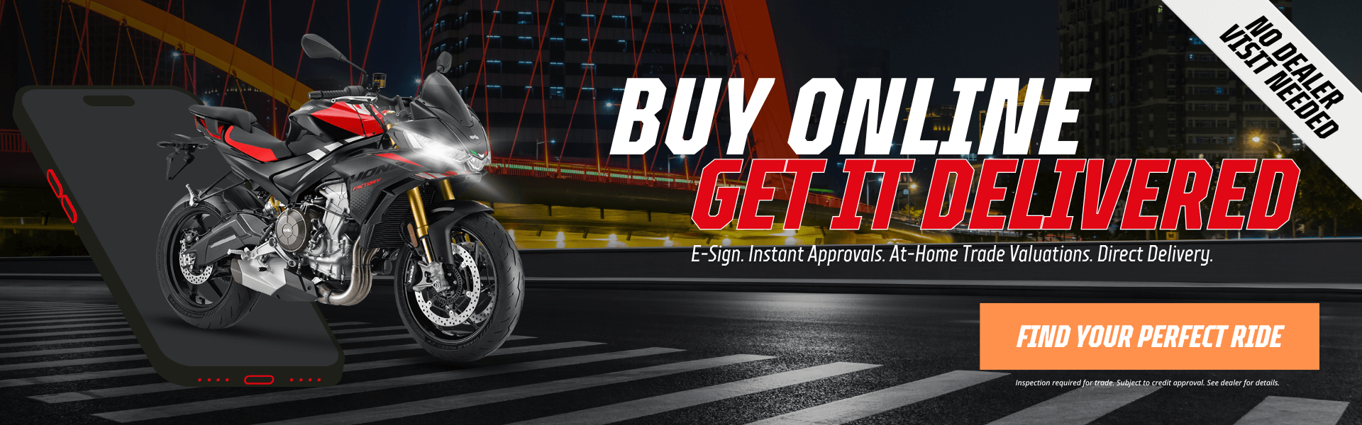 Motorcycle emerging from smartphone screen with buy online and home delivery offer