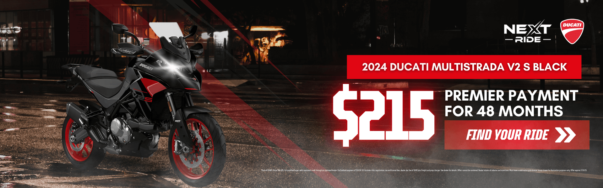 2024 Ducati Multistrada V2 S Black parked under city lights with $215/month financing offer