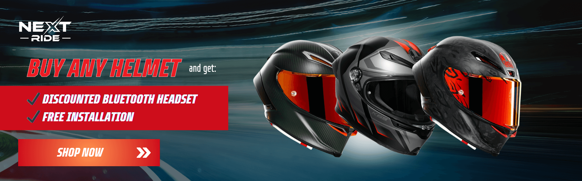 Three full-face motorcycle helmets with offer text “Buy Any Helmet – Free Bluetooth Installation”