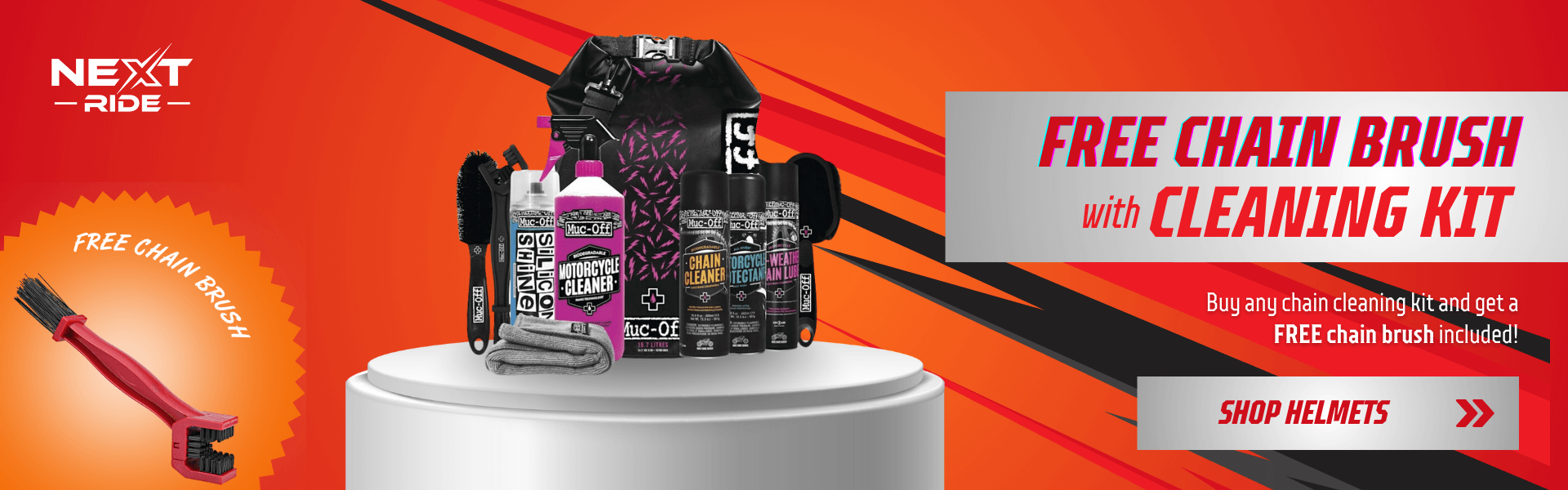 Motorcycle cleaning supplies with text “Free Chain Brush with Cleaning Kit”