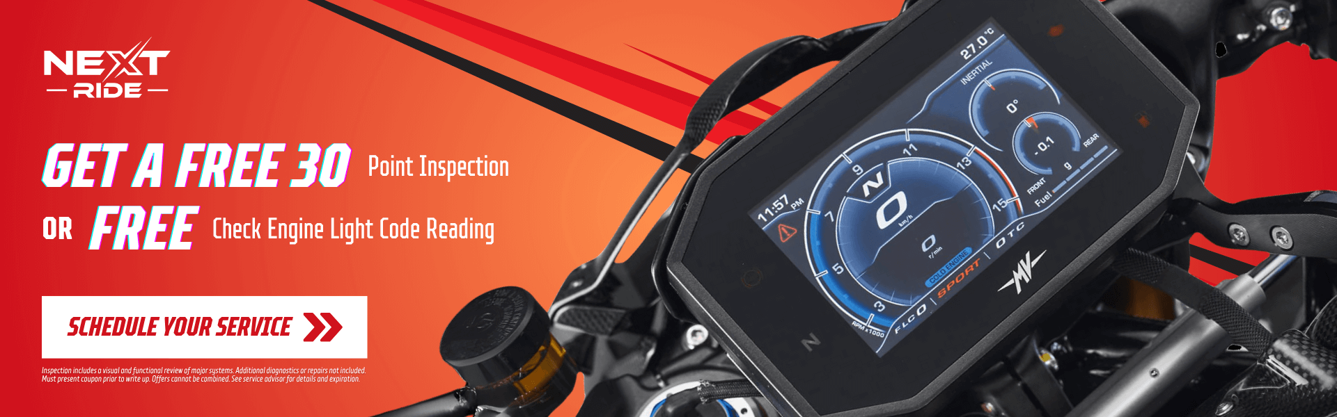 MV Agusta motorcycle dashboard with digital gauges and offer “Free 30-Point Inspection or Engine Code Reading”
