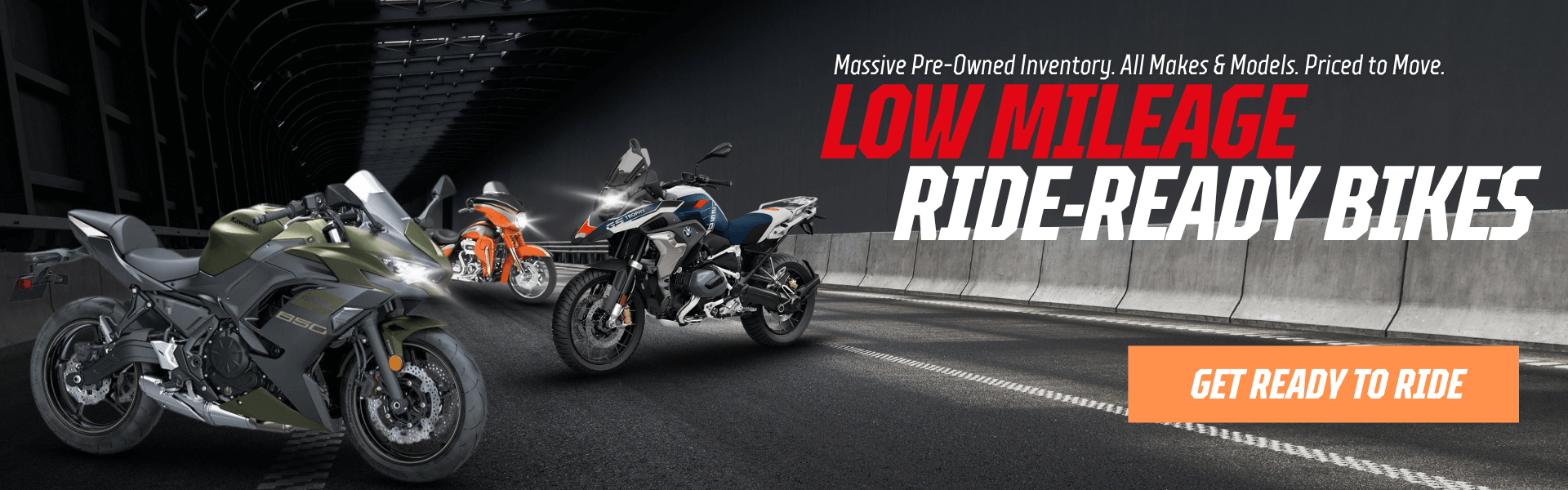 Low mileage pre-owned motorcycles including Kawasaki, BMW, and Harley-Davidson