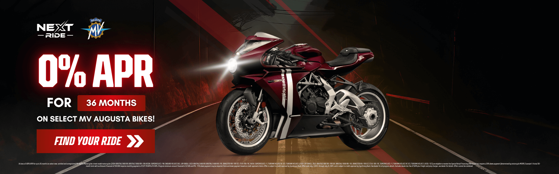 Red MV Agusta sportbike on road with 0% APR offer for 36 months