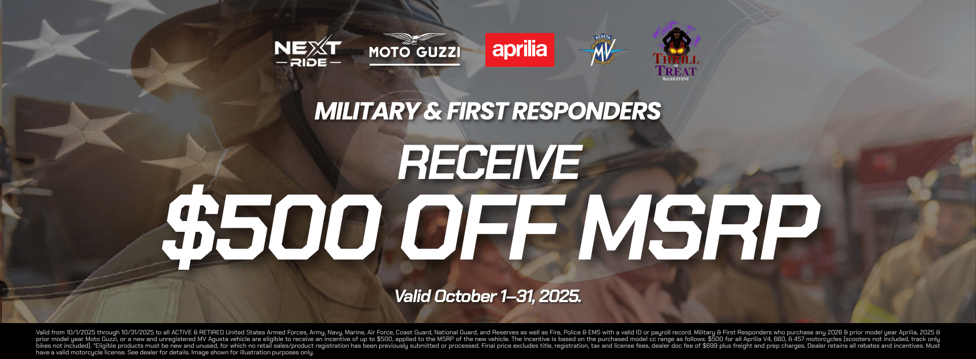 Firefighter receiving $500 off MSRP offer for military and first responders at Next Ride.