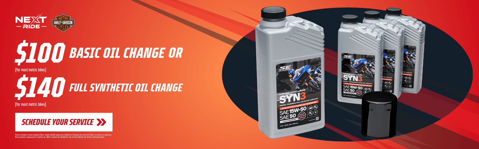 SYN3 full synthetic oil bottles with pricing for metric bike oil changes